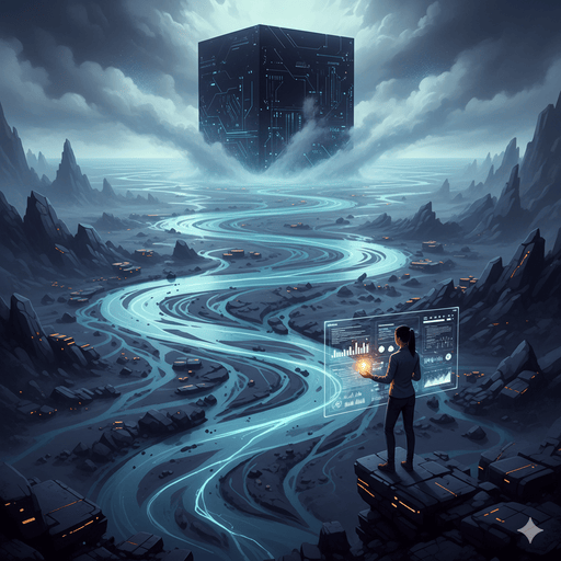 AI generated image of a person finding their way down a river