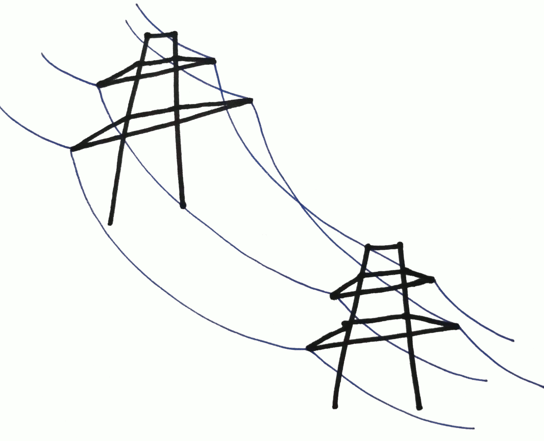 stick-figure drawing of a set of power lines and pylons.