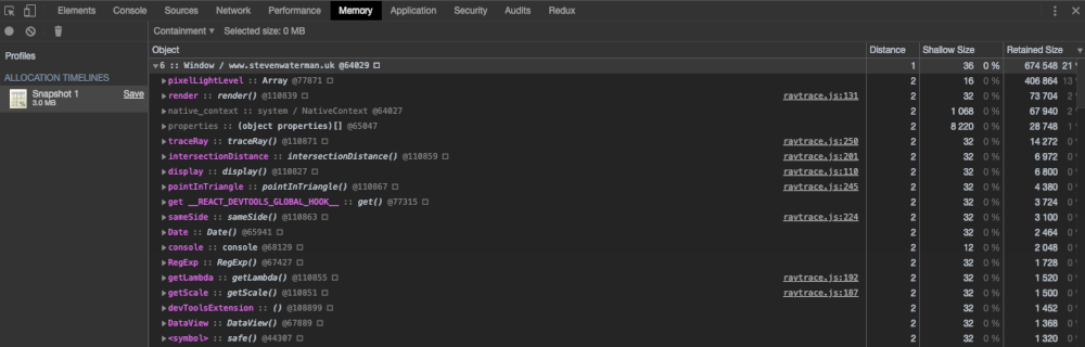 Click an entry in the list to see more information about what is being saved in memory Shows the memory tab in developer tools. There is a big list of different places that memory was allocated.